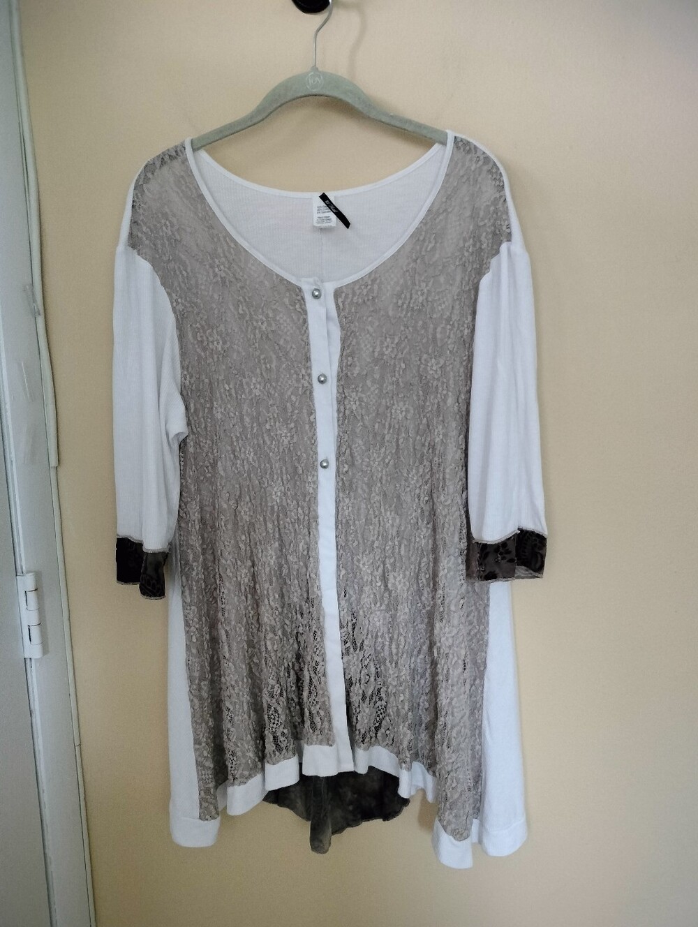 Waffle knit lace burnt out velvet cardigan cream brown Lagenlook Arsty L/XL